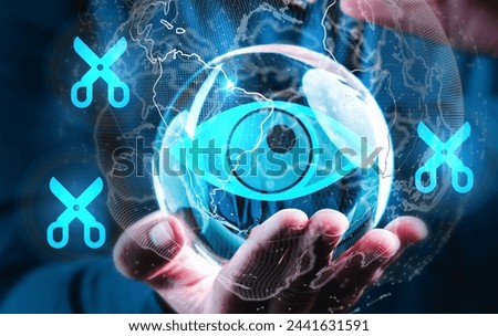 A man is holding a glass ball with a picture of eye organs on it. The image is surrounded by blue scissors, which symbolize cutting eye sugery or removing something.
