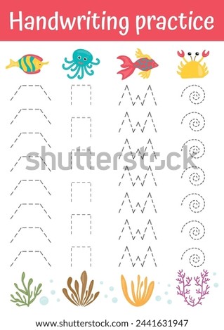 Tracing lines, handwriting training worksheet for kids. Writing training, educational game and activity for preschool, kindergarten with cute fish and see habitants. Tracing practice for children. Royalty-Free Stock Photo #2441631947