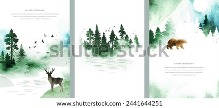 Set watercolor vector templates with landscape, bear, deer, birds, forest, river and place for text. Nature illustration for poster, book, banner, card, flyer
