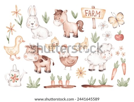 Cute farm clip art hand drawn with watercolor. Isolated on white. For cards, invite, logo, banner, scrapbook, frame art and so on