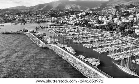 Sanremo, Italy. Aerial view of city port and skyline on a sunny afternoon