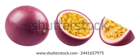 Set of whole passion fruit, half and slice of passion fruit isolated on a white background. Royalty-Free Stock Photo #2441657975