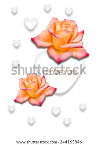 White background with hearts and yellow roses on a big transparent heart