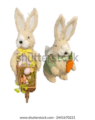 Cute Easter bunny figurines, Happy Easter, holiday card with white, transparent background 