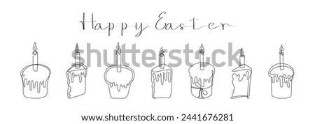Set of Easter Kulich cakes with lit candles. Happy Easter greeting text.  Continuous one line drawing of cupcakes, birthday cakes. Vector isolated on white. Design elements for print and greetings.