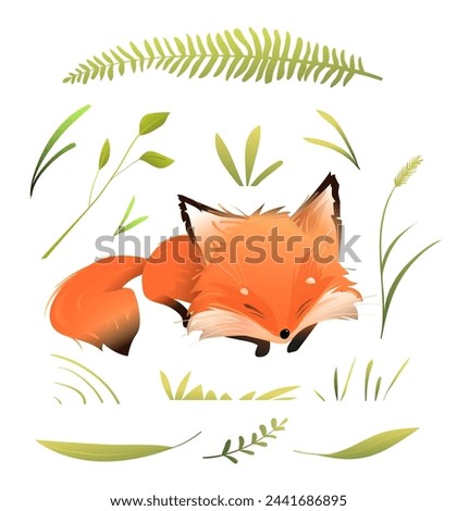 Cute fox character sleeping in the forest. Illustrated sleepy animal character for kids with nature elements. Isolated vector fox clipart collection for children in watercolor style.
