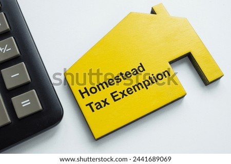 House-shaped sign and inscription homestead tax exemption. Royalty-Free Stock Photo #2441689069
