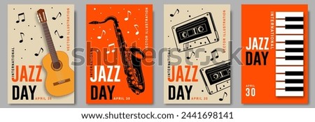 Jazz Day. Poster background template for music festival. Classical wooden guitar, piano keyboard, saxophone, audio cassette tape event flyer design. April 30. International Jazz Day Celebration