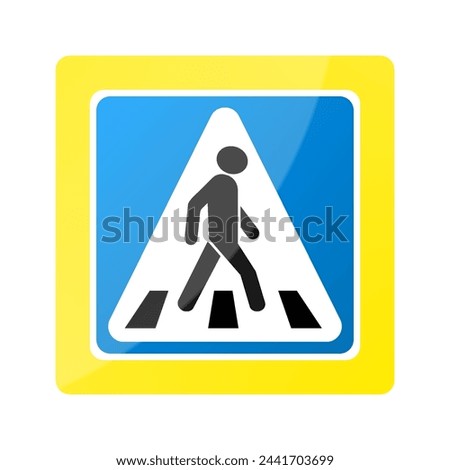 Pedestrian crossing sign on blue background. Concept of traffic regulations. road safety in the city, Pedestrian on zebra crossing icon. Realistic 3d vector illustration isolated on white background.