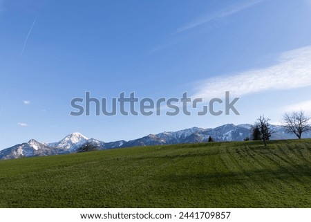 Austrian Alps in spring Karawanken ridge in Carinthia at sunset with a green field in the foreground Royalty-Free Stock Photo #2441709857