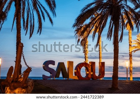 colorful letters of Salou town, palm trees andl beach at sunset, Catalonia, Spain