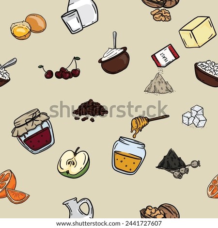 Bright editable seamless pattern with products and ingredients. Vector illustration for gift paper and background.