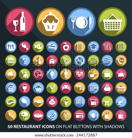 Set of 50 Universal and Standard White Restaurant Icons on Flat Circular Colored Buttons with Shadows on Black Background ( isolated elements )