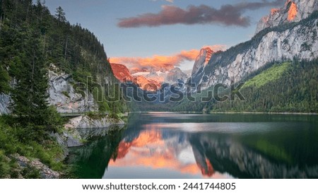 Gosausee, European Alps. Panoramic image of Gosausee, Austria located in European Alps at summer sunset.

 Royalty-Free Stock Photo #2441744805