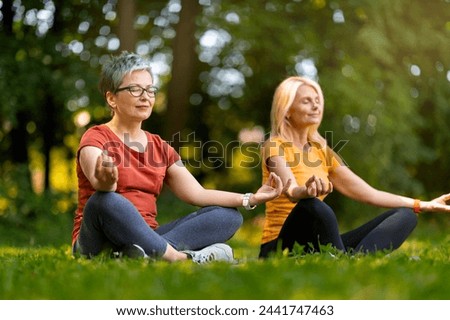 Two serene senior women practicing meditation on yoga mats in peaceful park, calm elderly females meditating outdoors with eyes closed and smiles, enjoying training surrounded by nature Royalty-Free Stock Photo #2441747463