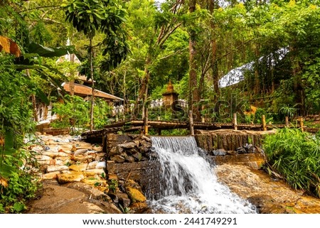 Beautiful waterfall on Doi Suthep Hiking Trail Wat Pha Lat in tropical jungle nature forest in Chiang Mai Amphoe Mueang Chiang Mai Thailand in Southeastasia Asia. Royalty-Free Stock Photo #2441749291