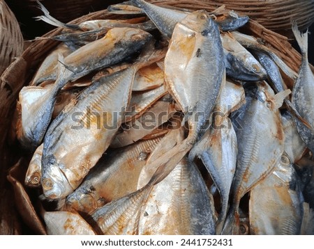 Close up of Dried salted fish for sale in indonesia market.