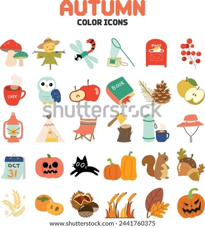 Hand-drawn play, object and food icons symbolizing fall