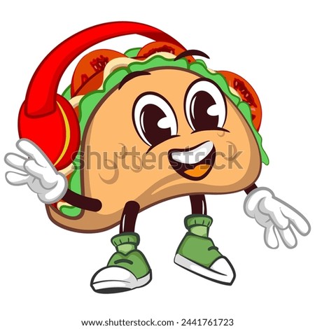 cute taco mascot character emoticon enjoying headset, cute taco mascot