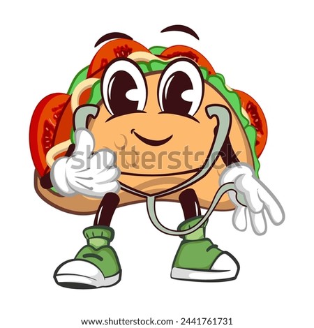 cute taco mascot character emoticon being a medic using a statoscope, cute taco mascot