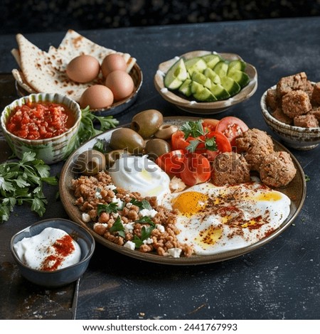 Middle Eastern food spread out on a table, Ful Medames, with falafel, on dark background high-resolution photography 