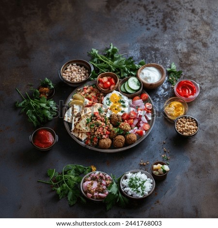 Middle Eastern food spread out on a table, Ful Medames, with falafel, on dark background high-resolution photography 