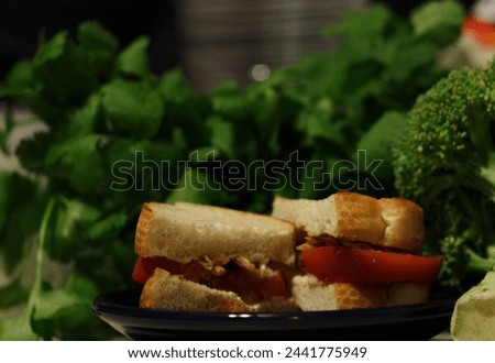 quick picture of a tomato sandwich. mainly just playing and getting used to photographing food. 