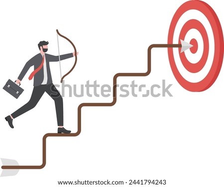 Step to reach goal, success or achieve business target, strategy plan to improve and overcome challenge, progress or aiming to win concept, businessman archery run on stair case arrow to reach goal.


