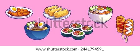 Korean food with tteokbokki and bibimbap meal icon vector. Asian rice and noodle in restaurant bowl or plate. Popular spicy thai and japanese cuisine cooked with egg. Cute line drawing snack set Royalty-Free Stock Photo #2441794591