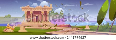 Broken abandoned ancient Greek temple with creeper on damaged columns and stairs at sea or ocean beach under gloomy weather with rain and wind. Cartoon vector landscape with antique architecture ruins
