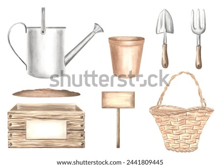 Watercolor set of gardening tools. Watering can and crate with soil, basket and flower pot, trowel and rake, signboard. Isolated hand drawn gardening subject. Clip art for card, packaging and sticker.