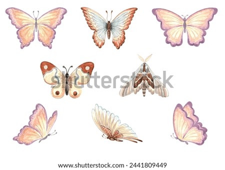 Watercolor set of colorful butterflies and night moth. Isolated hand drawn illustration wild insects. Decorative collection of abstract summer bugs. Clip art for card, packaging , sticker, embroidery.
