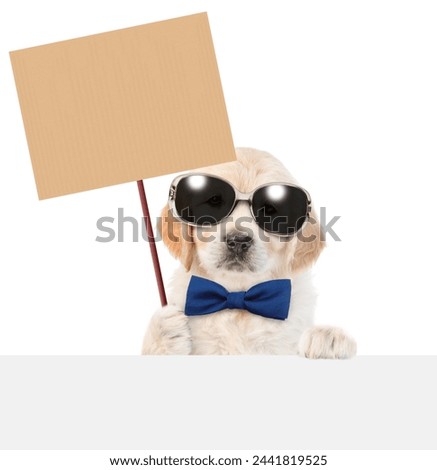 Funny smart golden retriever puppy wearing sunglasses and tie bow shows empty placard above empty white banner. isolated on white background.