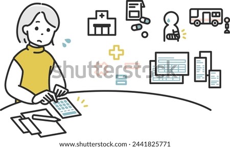 Clip art of elderly woman calculating medical expenses