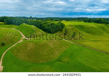 Panorama view of the Hillforts of Kernave, ancient capital of Grand Duchy of Lithuania. Royalty-Free Stock Photo #2441829451
