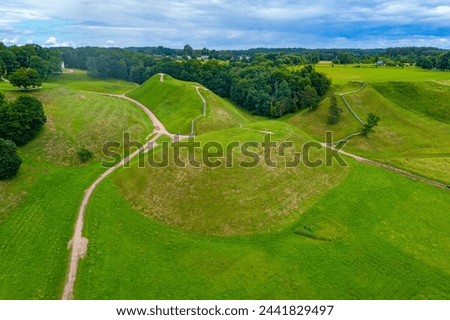 Panorama view of the Hillforts of Kernave, ancient capital of Grand Duchy of Lithuania. Royalty-Free Stock Photo #2441829497