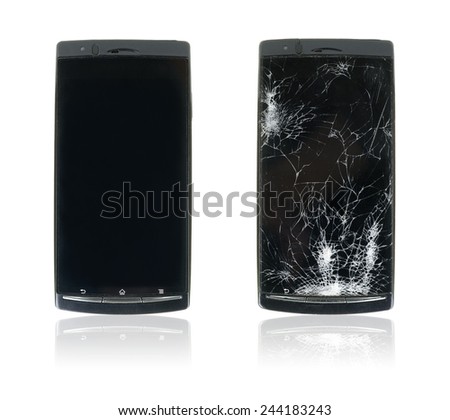 Two smartphones. One new and one with broken screen.