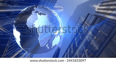 Abstract glowing futuristic blue globe hologram on blurry wide city background. Digital innovation and technology concept. Double exposure