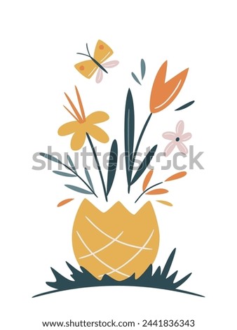 Easter vector card with flowers in an egg form vase and butterfly. Hand-drawn design of Spring greeting card. 