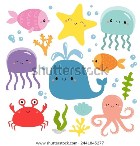 Sea and ocean animal set. Fish, jellyfish, octopus, whale, crab, algae seaweed, water bubble, shell stone. Childish style. Educational cards for kids. White background Isolated Flat design. Vector