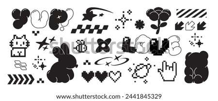 Set of y2k style elements vector. Hand drawn collection of heart pixel, fluffy, flower, rabbit, cat, bee, organic shape in black and white color. Design for print, cartoon, card, decoration, sticker.