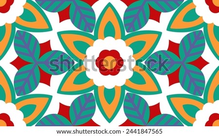 Flower - Hexagonal (White, Orange, Red, Green, Lilac) - Abstract Seamless Pattern, Vector Illustration - Endless Design; Print for Gift Paper, Packaging, Wallpapers, Clothes, Textiles.