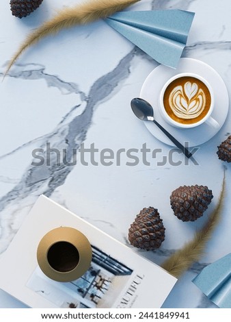 Flat lay background for product placement with paper planes,coffee, pinecones and book