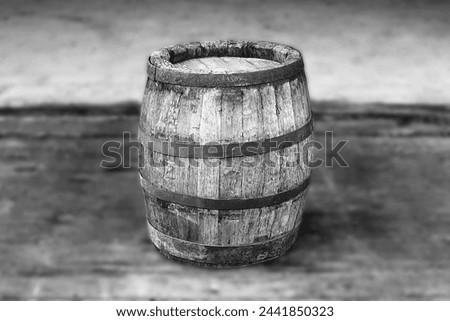 Old wooden barrel, wooden object, black and white photo