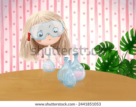 Cute girl sheep at the table in chemistry glasses with glass bottle in hand. Positive illustration