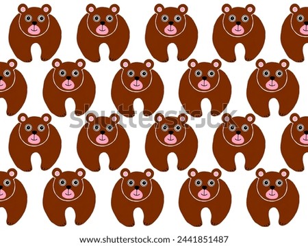 Pattern of stylized illustrations of bears. Placed in a checkerboard pattern on a white background. The animals have rounded shape, look at the face and smile. Brown color. Pink and black face details