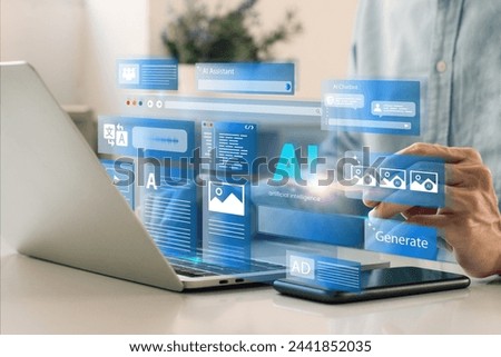 Artificial Intelligence Content Generator. A man uses a laptop to interact with AI assistant. AI offers functions like chatbot, generate images, write code, writer bot, translate and advertising. Royalty-Free Stock Photo #2441852035