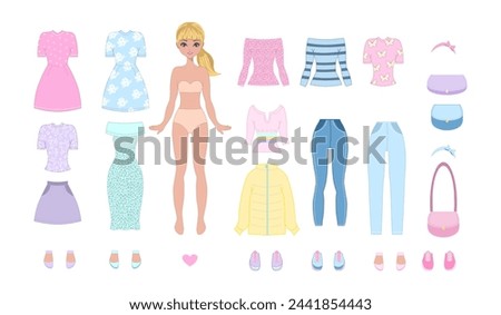 Paper doll clothes. Cute girl with clothes. Clothes set, collection. Vector illustration. Doll for children play, cutouts. Dress up stickers. Toy, game. Fashion girl dresses, jeans, t shirt. Baby doll Royalty-Free Stock Photo #2441854443