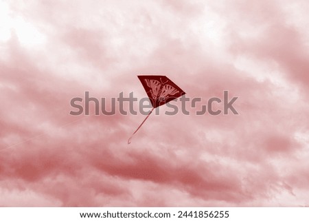 Flying paper dragon, in the background of heaven with clouds, dragon with picture of butterfly, flying color kite, autumn motif, outdoor, background for text, red color