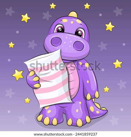 Cute cartoon dinosaur is holding a pillow. Night vector illustration of animal  on dark background with stars.